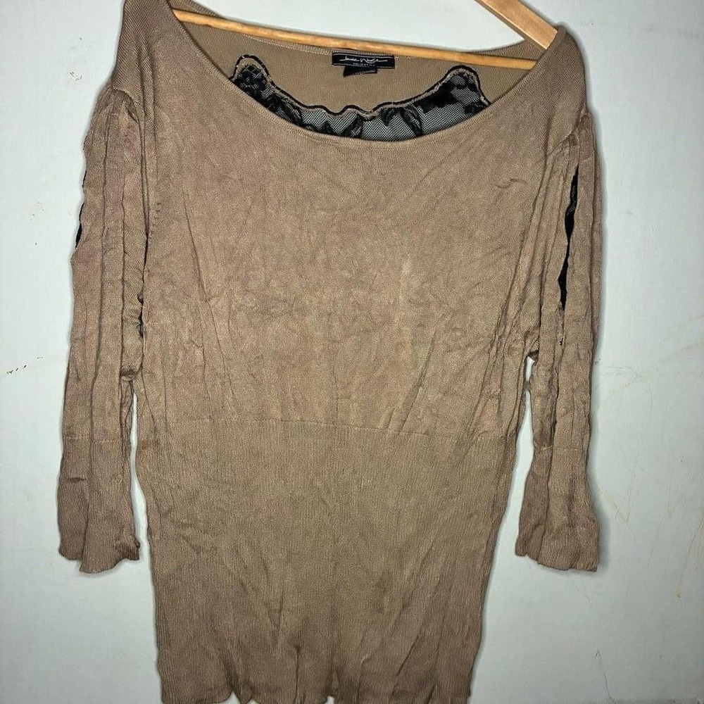 Jamie Nicole Collection Women's Brown Knit Long Sleeve Top with Black Lace Detai